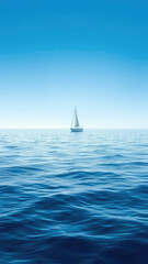 Obraz premium Calm blue sea with a sailboat anchored offshore, anchor, sun