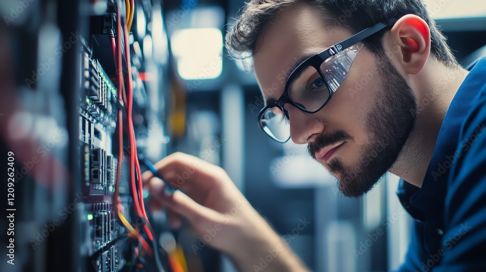 Aufkleber technician working on server connections in a data center during the evening