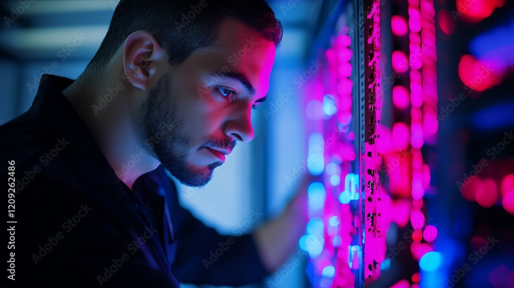 Poster professional technician working on server equipment in a high-tech data center during evening hours