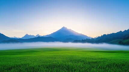 Fototapeta premium Majestic mountain sunrise over misty paddy field. Ideal for travel brochures