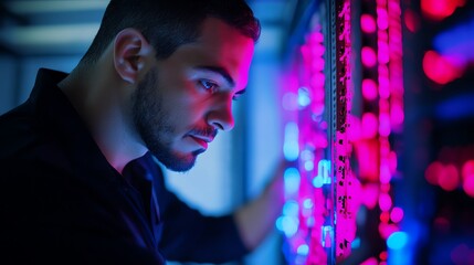 Professional Technician Working on Server Equipment in a High-Tech Data Center During Evening Hours