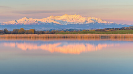 Naklejka premium Sunrise Over Snow-Capped Peaks, Golden Mountain Reflection in Lake, Serene Winter Landscape.