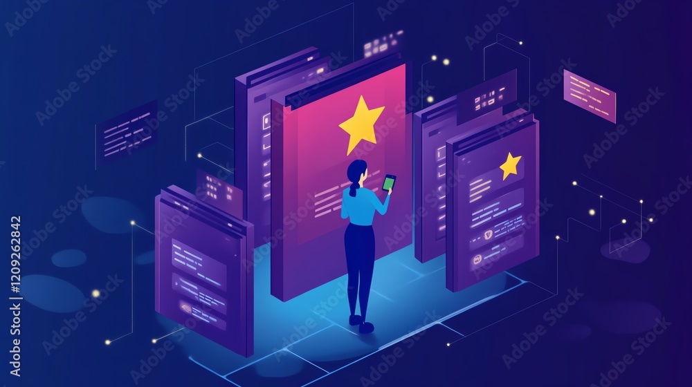 Poster digital user profile management and analytics in a futuristic environment with detailed interfaces