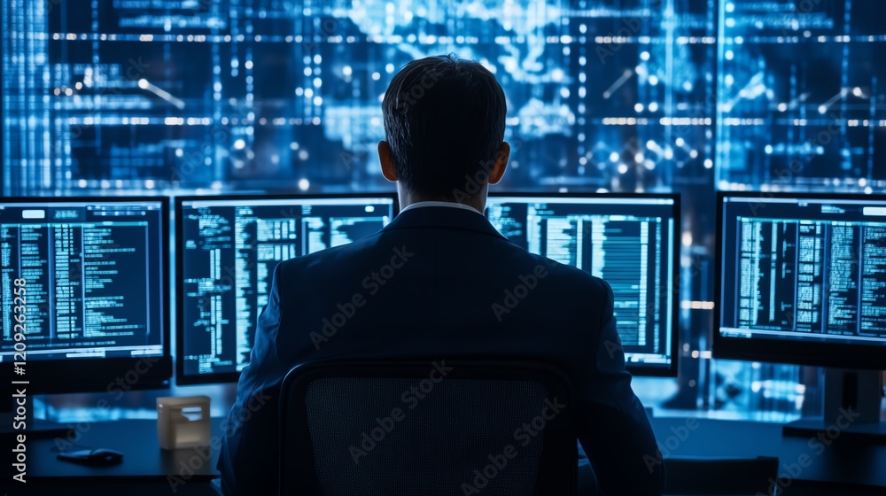 Poster professional working at multiple computer screens in a dark room filled with digital data and codes