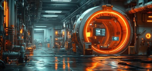 Futuristic Industrial Warehouse Tunnel Corridor with Neon Lighting Metallic Surfaces and Dramatic Shadows