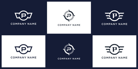P letter logo set with compass, wing, and ring, editable vector bundle