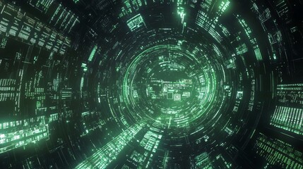 Futuristic Digital Tunnel Filled With Glowing Green Data Streams at Night