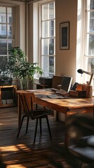 Sunlight streams into a minimalist home office, illuminating a wooden desk and chair.