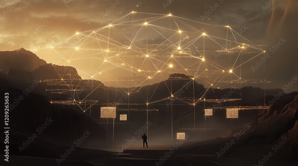 Aufkleber exploration of a futuristic landscape filled with interconnected data streams and glowing nodes at s