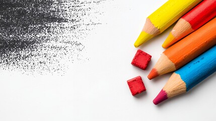 Vibrant Colored Pencils with Red Squares on White Background