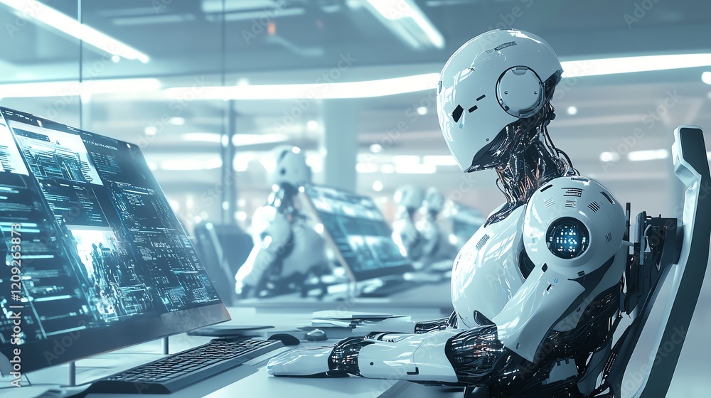 Poster futuristic humanoid robot seated at a computer workstation in a high-tech office environment