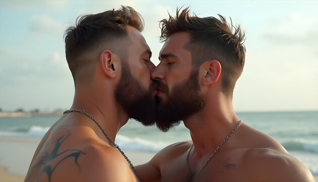 Dos hombres gay musculosos d&aacute;ndose un beso en la playa