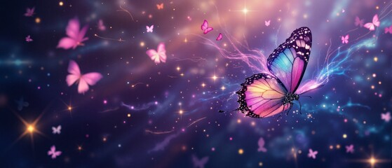 A colorful butterfly is flying over a field of pink flowers. The butterfly is surrounded by a glowing, starry sky, giving the image a dreamy, ethereal quality