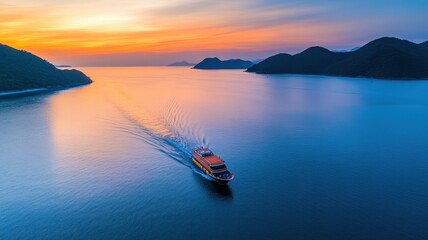 Tourist boat glides across the tranquil azure sea, embracing the serenity of a perfect day on the water.