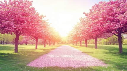 Naklejka premium Pink blossom trees line a path; sunlit spring park