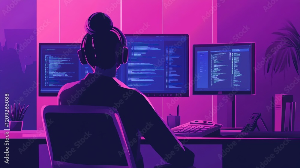 Poster person working at a computer with multiple screens in a modern workspace during evening hours