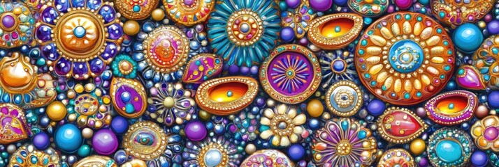 Colorful jewels, ornate diyas, festive background. Diwali celebration design