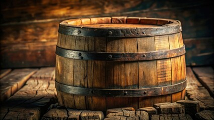 Fototapeta premium Close-up of a worn wooden whiskey barrel with deep cracks and uneven surface, wooden barrel, cracked wood