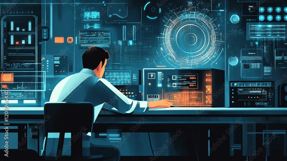 Poster man working at a technology desk with digital displays and data analysis in a modern environment