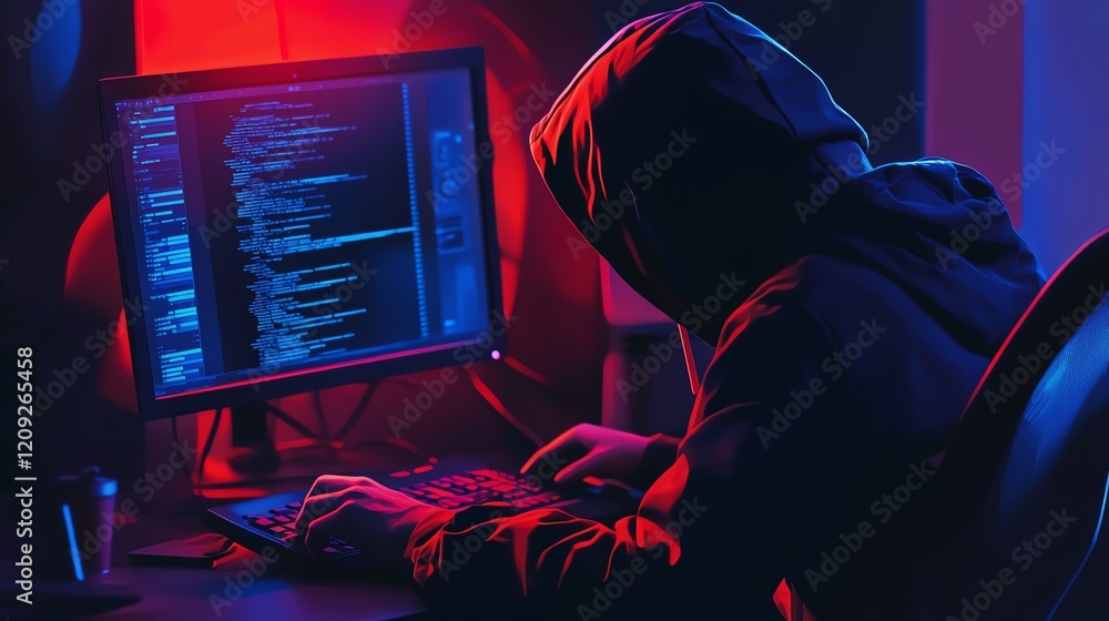Poster mysterious figure coding in a dimly lit room with colorful lights illuminating the workspace