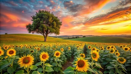 Obraz premium Serene Sunset over a Sunflowers Field with a Lone Tree