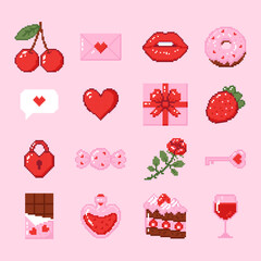 Set of romantic elements for Valentines day. Hand drawn vector illustration in pixel style.