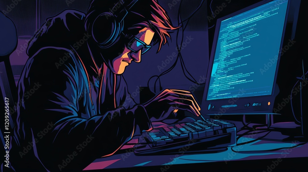 Poster young programmer engaged in coding at night with headphones and a glowing computer screen in a dark 