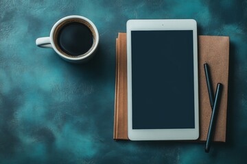 Digital Tablet Coffee Notebook Pens on Teal Desk