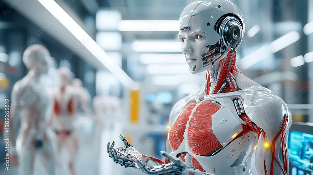 Poster futuristic robot interaction high-tech lab digital art science environment close-up view ai explorat