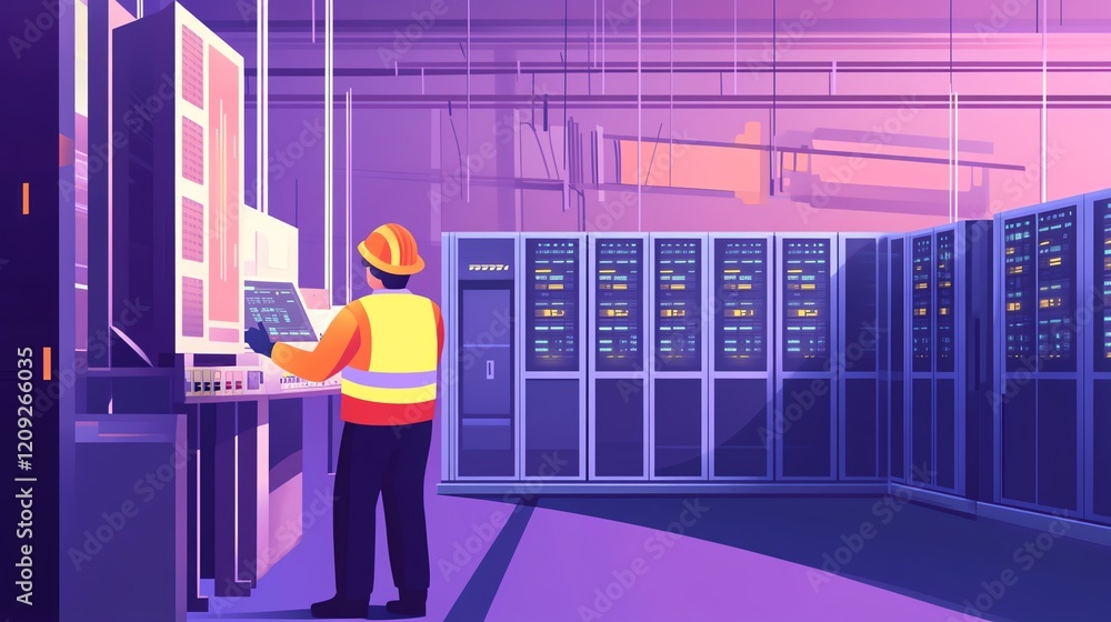 Aufkleber managing data in a modern server room during the late afternoon with colorful lighting