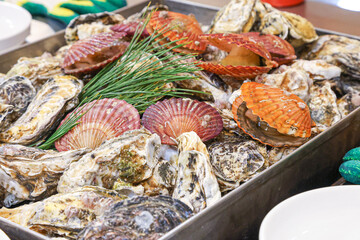 Korean seafood food. Steamed oysters and scallops