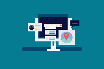 SEO optimization, Business address on Search engine maps, Website SEO, Store location on search result. Vector illustration concept