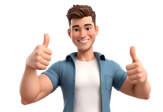 3D cartoon person with thumb up by both hand isolated on a white background, Happy adult man with blue shirt - Powered by Adobe
