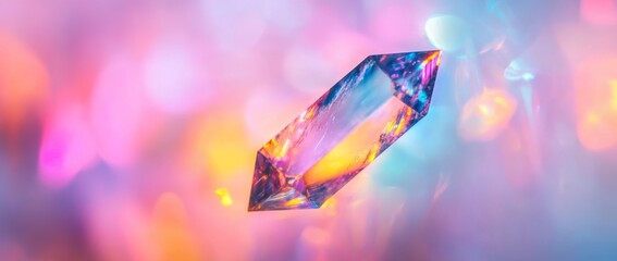 Rainbow light refracts through a clear crystal in an artistic display of color and brilliance
