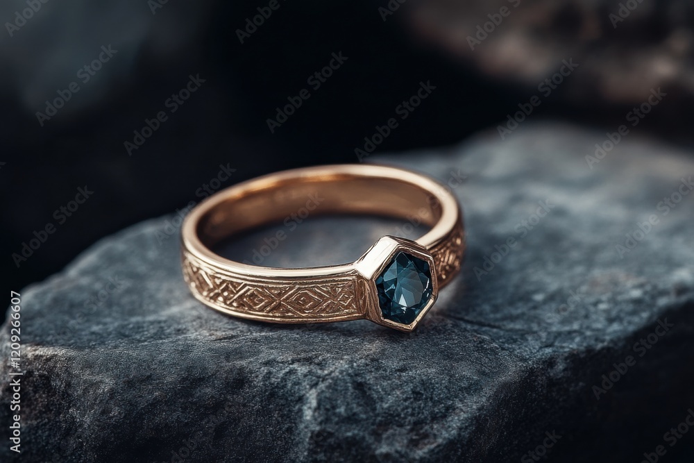 Poster unique hexagonal engagement ring with intricate band design set against a minimalistic backdrop