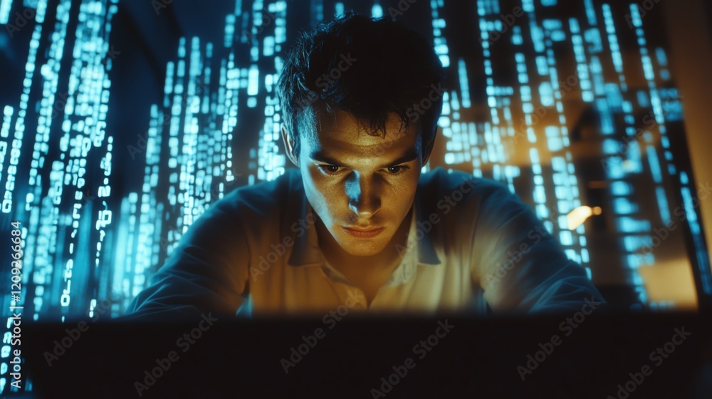 Poster young man focused on coding with digital data in the background during night hours in a modern setti
