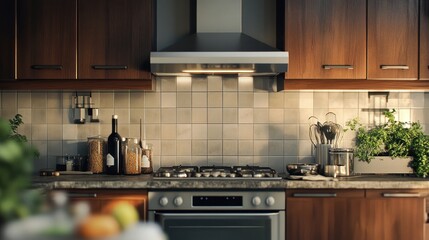 Modern Kitchen with Stainless Steel Appliances and Warm Wood Cabinets