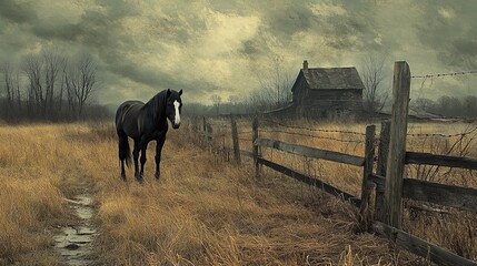 A horse with its head low, standing by a broken fence in an abandoned farm, embodying sorrow and loss