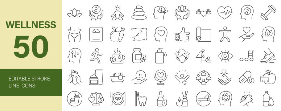 Wellness Line Editable Icons set. Vector illustration in thin line modern style of health related icons: mental health, healthcare, spa, medical, wellbeing, yoga, meditation, lifestyle, and more.