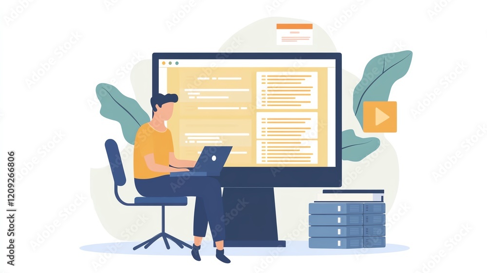 Poster web developer working on a project in a cozy workspace surrounded by books and greenery
