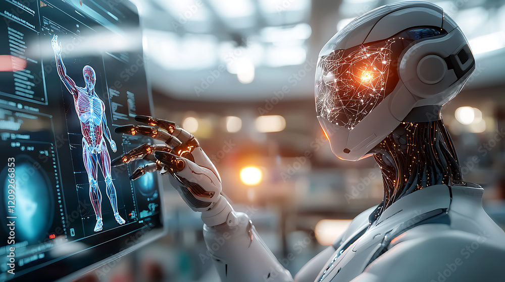 Poster advanced robot interaction with human anatomy laboratory digital art futuristic environment close-up