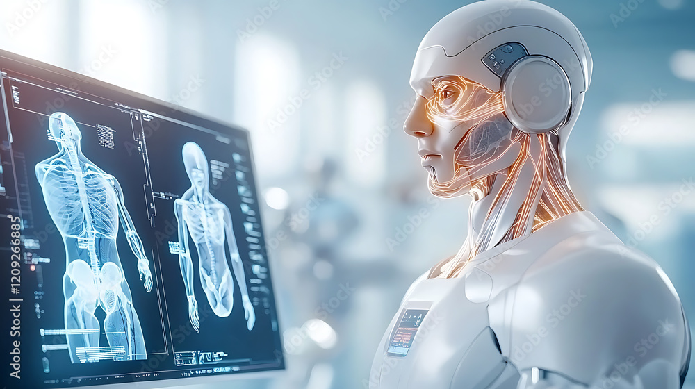 Poster futuristic robotics in biomedical visualization laboratory environment digital art scientific concep