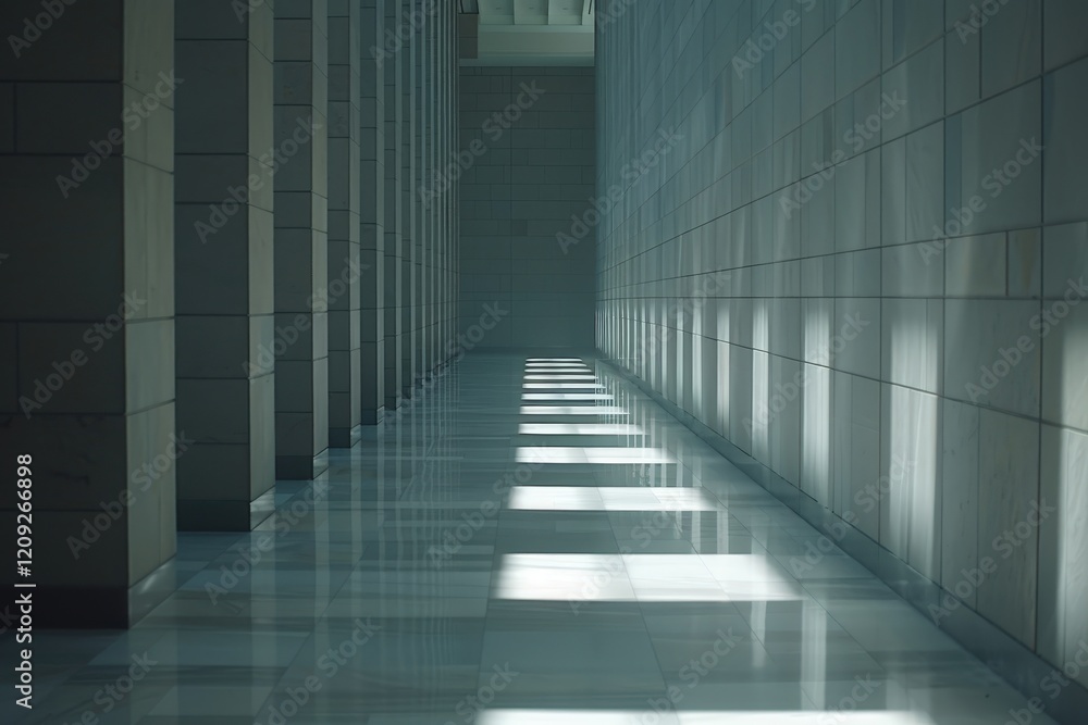 Poster a serene corridor with tall columns and sunlight creating patterns on the polished floor, emphasizin
