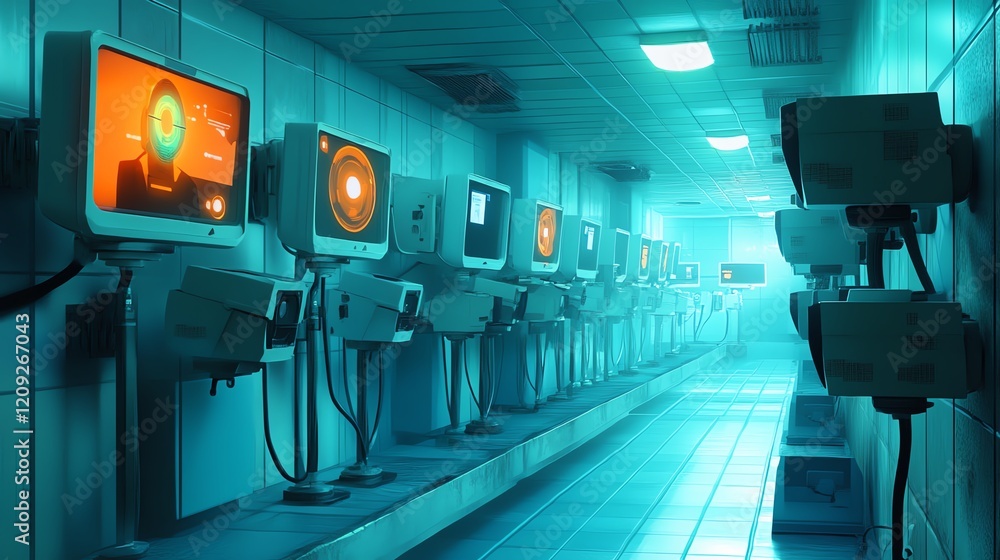 Poster high-tech monitoring station with multiple screens and devices in a dimly lit, futuristic environmen