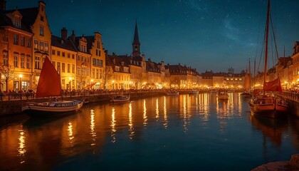 Fototapeta premium A stunning nighttime view of a city skyline illuminated by blue lights, reflecting on a calm river