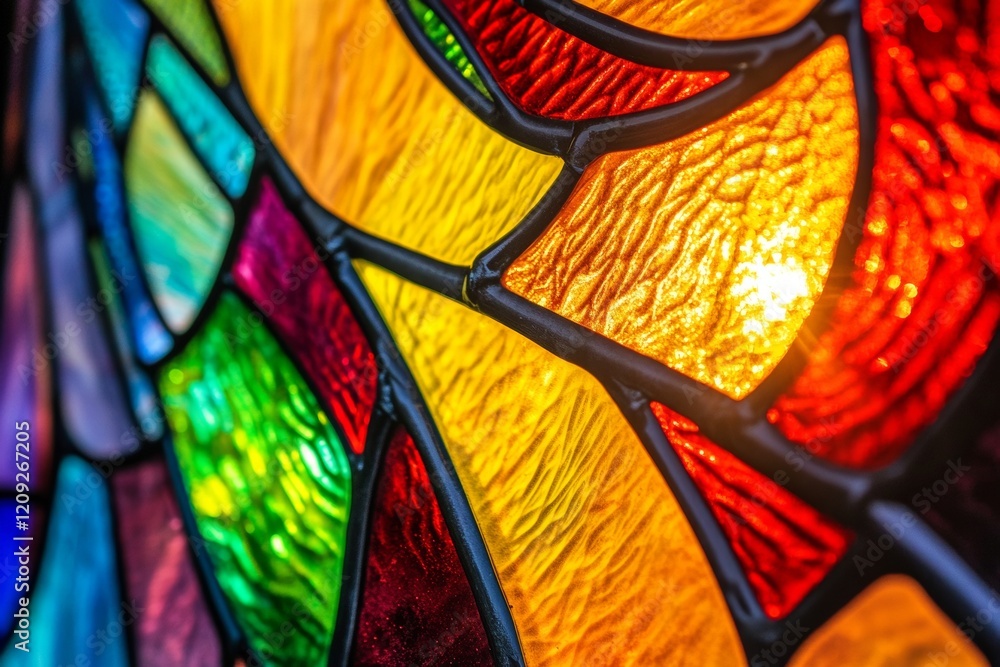 Poster vivid stained glass displays intricate patterns and brilliant colors as sunlight filters through, cr