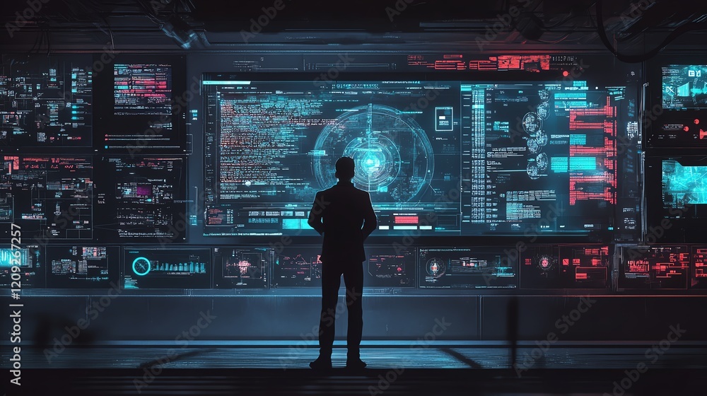 Poster high-tech control room analysis with glowing screens displaying complex data and a silhouetted figur