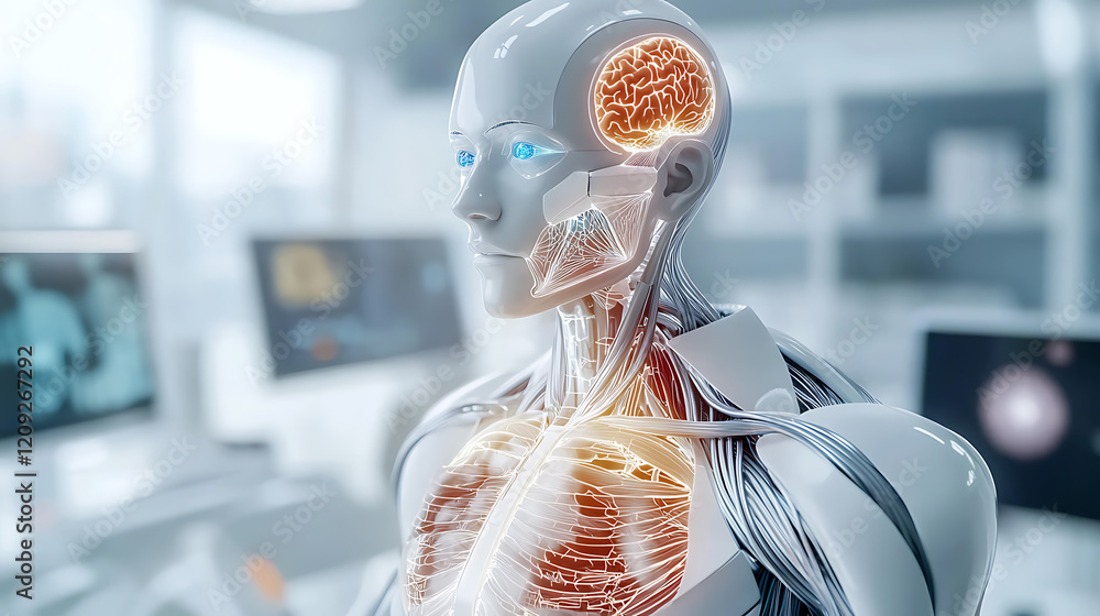 Poster advanced robotics and ai integration futuristic lab digital art high-tech environment side view huma