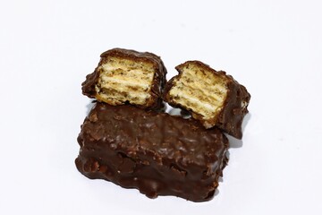 Chocolate caramel wafer bar candy, isolated