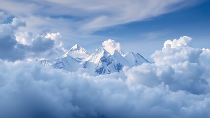 Majestic snow-capped mountain peaks rise above a sea of fluffy clouds under a brilliant blue sky, a breathtaking natural landscape.